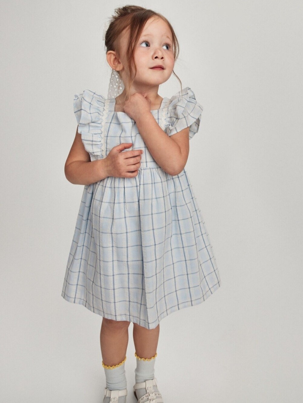 Carter's Light Blue Windowpane Ruffle-Sleeve Dress